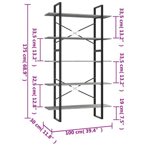 vidaXL Bibliothèque 5 étagères Gris béton 100x30x175 cm Bois d'ingénierie