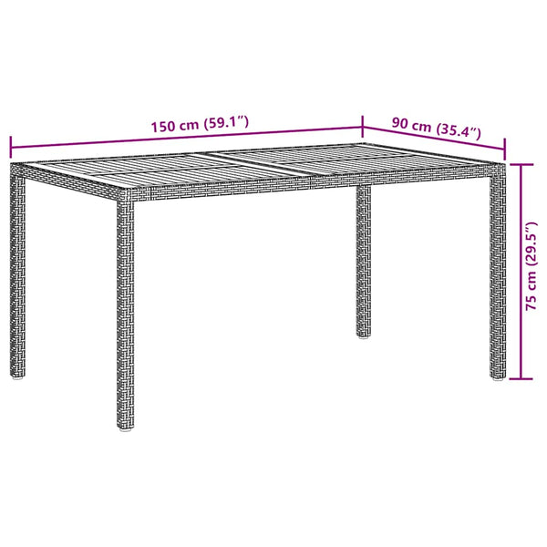 Gartentisch 150x90x75 cm Poly Rattan und Akazienholz Grau