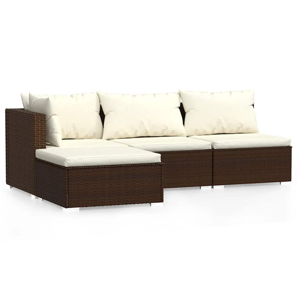 4-tlg. Garten-Lounge-Set mit Auflagen Braun Poly Rattan