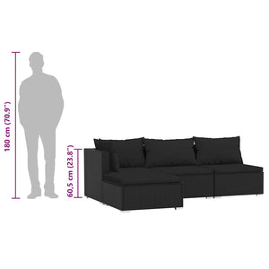 4-tlg. Garten-Lounge-Set mit Auflagen Schwarz Poly Rattan