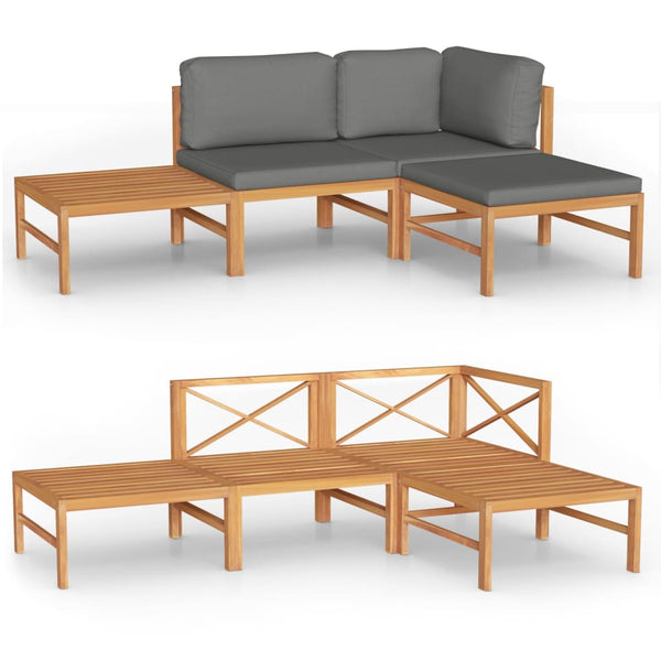 4-tlg. Garten-Lounge-Set mit Grauen Kissen Massivholz Teak