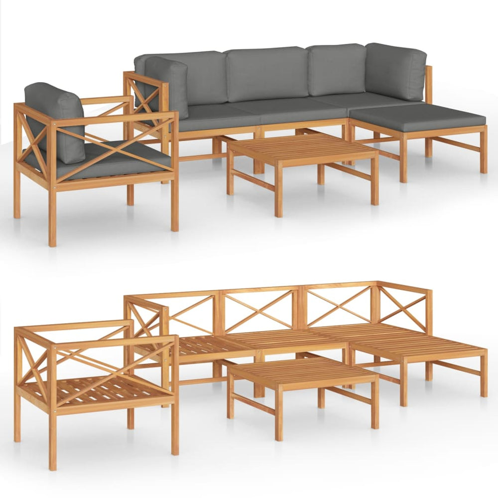6-tlg. Garten-Lounge-Set mit Grauen Kissen Massivholz Teak