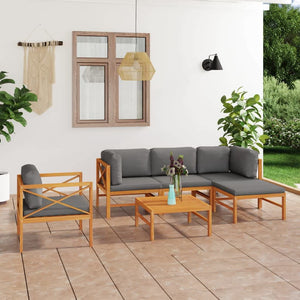 6-tlg. Garten-Lounge-Set mit Grauen Kissen Massivholz Teak