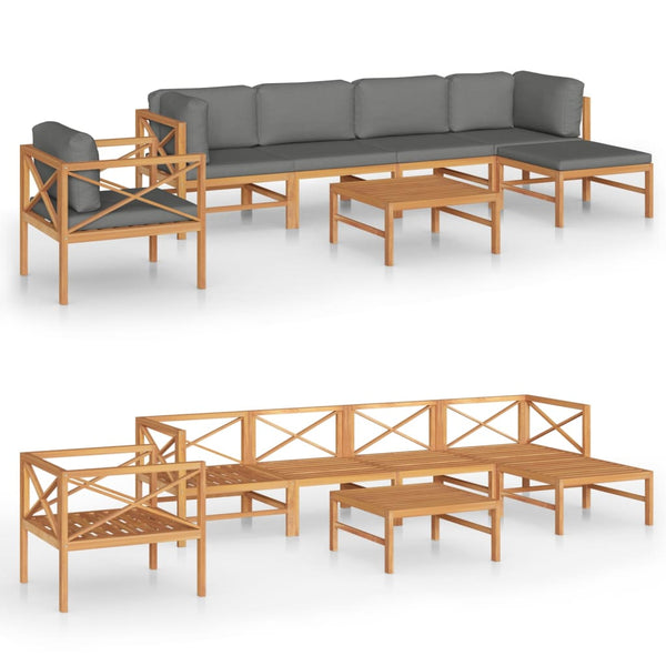 7-tlg. Garten-Lounge-Set mit Grauen Kissen Massivholz Teak