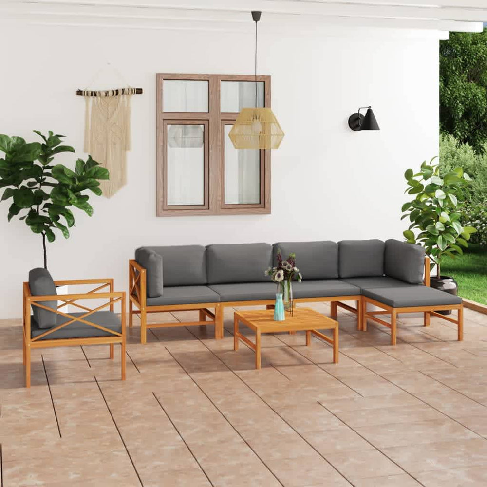 7-tlg. Garten-Lounge-Set mit Grauen Kissen Massivholz Teak