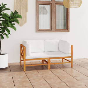 2-Sitzer-Gartensofa mit Creme Kissen Massivholz Teak