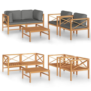 5-tlg. Garten-Lounge-Set mit Grauen Kissen Massivholz Teak