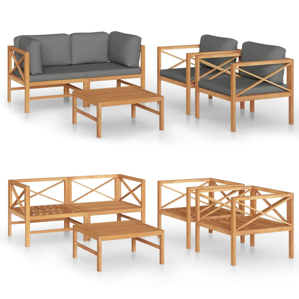 5-tlg. Garten-Lounge-Set mit Grauen Kissen Massivholz Teak