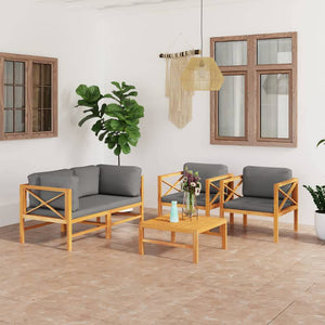 5-tlg. Garten-Lounge-Set mit Grauen Kissen Massivholz Teak