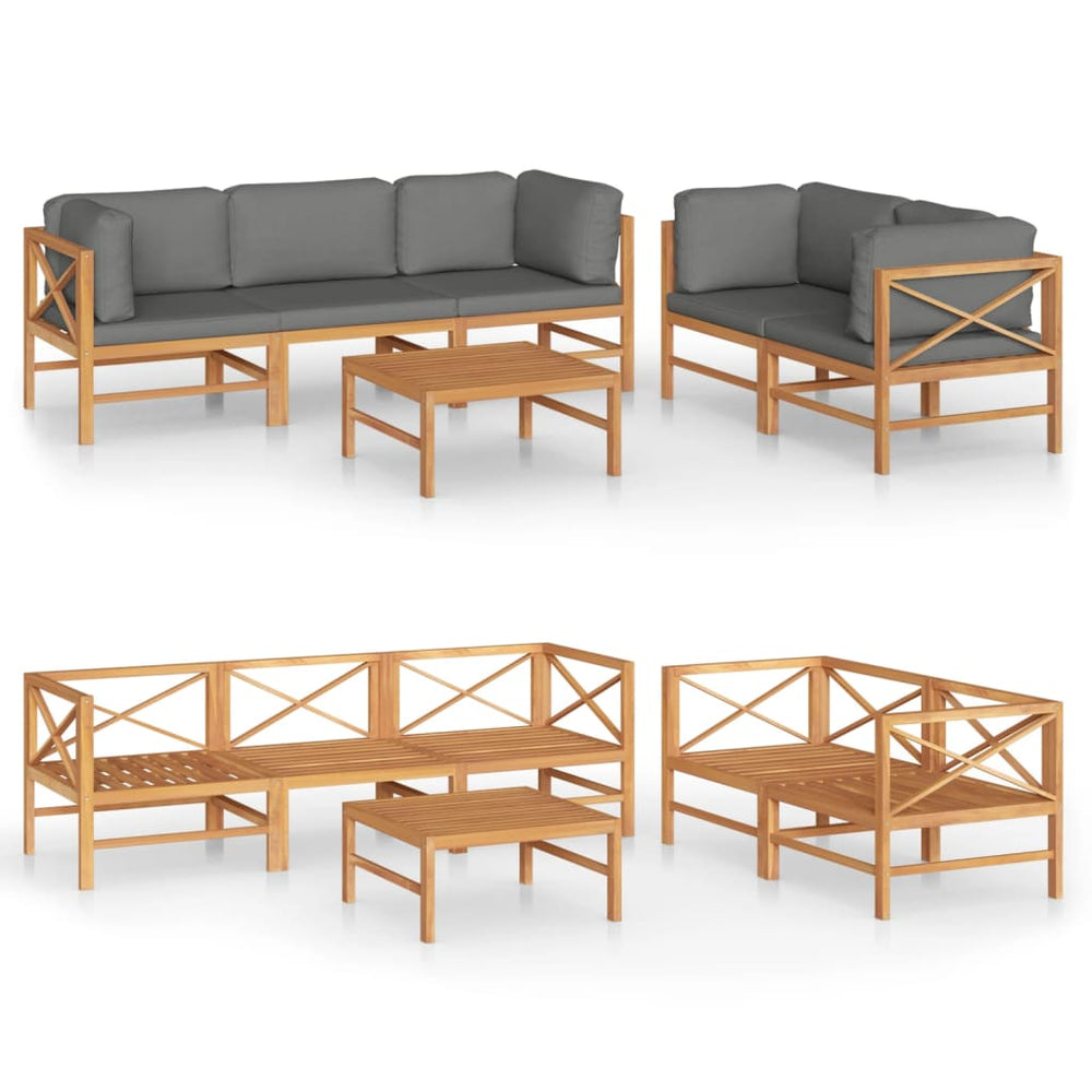6-tlg. Garten-Lounge-Set mit Grauen Kissen Massivholz Teak