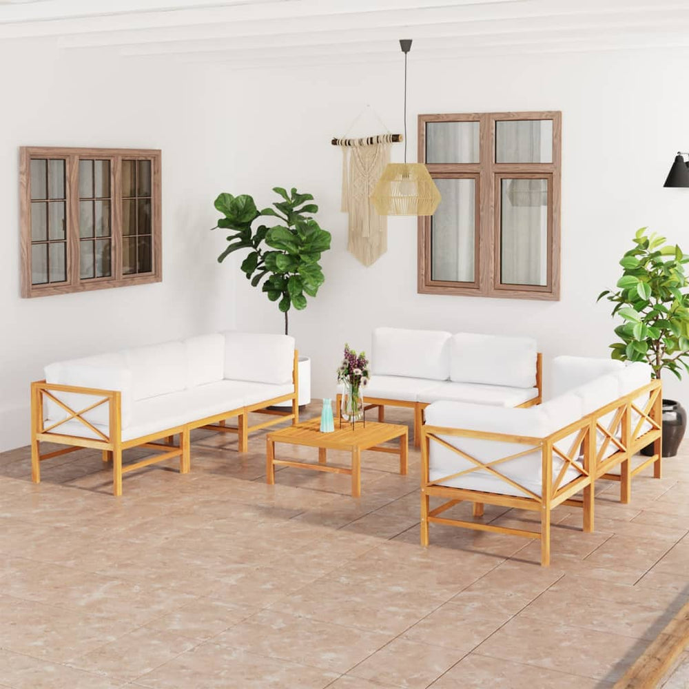 9-tlg. Garten-Lounge-Set mit Creme Kissen Massivholz Teak