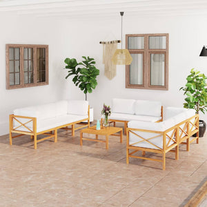 9-tlg. Garten-Lounge-Set mit Creme Kissen Massivholz Teak
