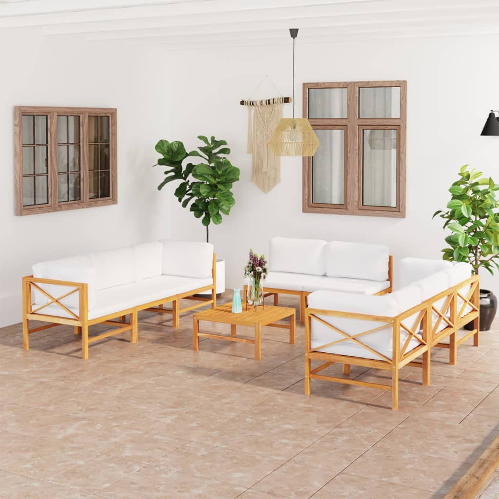 9-tlg. Garten-Lounge-Set mit Creme Kissen Massivholz Teak