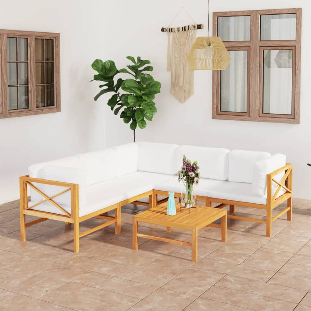 6-tlg. Garten-Lounge-Set mit Creme Kissen Massivholz Teak