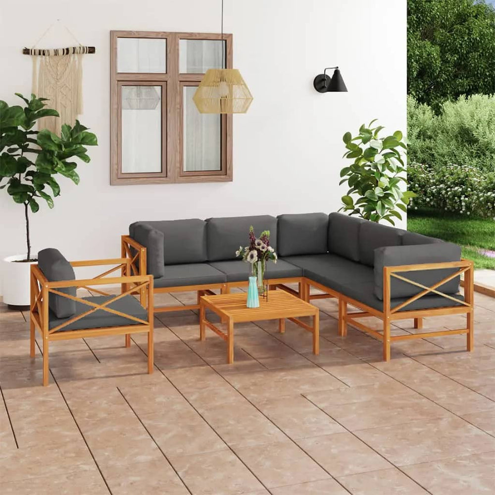 7-tlg. Garten-Lounge-Set mit Grauen Kissen Massivholz Teak