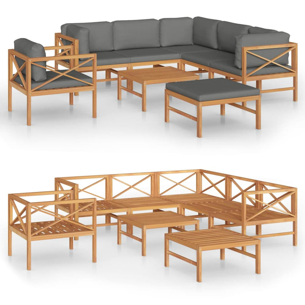 8-tlg. Garten-Lounge-Set mit Grauen Kissen Massivholz Teak