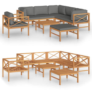 8-tlg. Garten-Lounge-Set mit Grauen Kissen Massivholz Teak