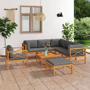 8-tlg. Garten-Lounge-Set mit Grauen Kissen Massivholz Teak