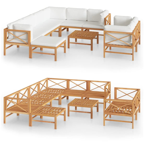 10-tlg. Garten-Lounge-Set mit Creme Kissen Massivholz Teak