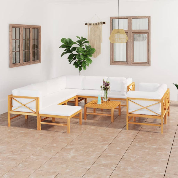 10-tlg. Garten-Lounge-Set mit Creme Kissen Massivholz Teak
