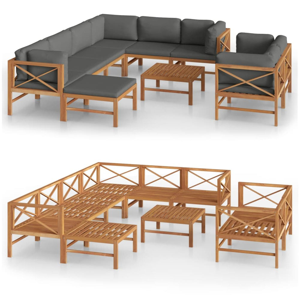 10-tlg. Garten-Lounge-Set mit Grauen Kissen Massivholz Teak