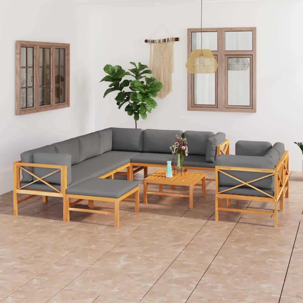 vidaXL Salon de jardin 10 pièces avec coussins gris Bois de teck massif