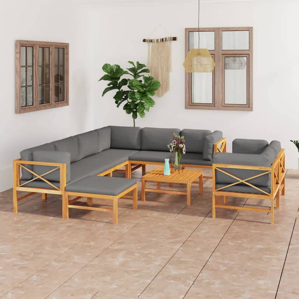 vidaXL Salon de jardin 10 pièces avec coussins gris Bois de teck massif
