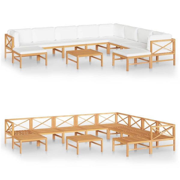 11-tlg. Garten-Lounge-Set mit Creme Kissen Massivholz Teak