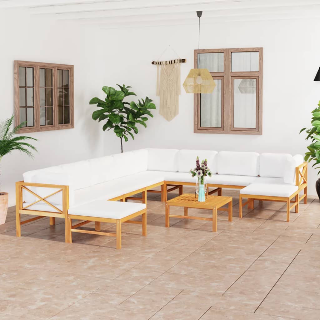 11-tlg. Garten-Lounge-Set mit Creme Kissen Massivholz Teak