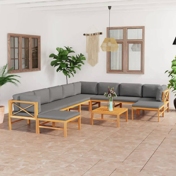 vidaXL Ensemble de salon de jardin 11 pcs avec coussins gris Bois de teck massif