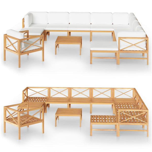 12-tlg. Garten-Lounge-Set mit Creme Kissen Massivholz Teak