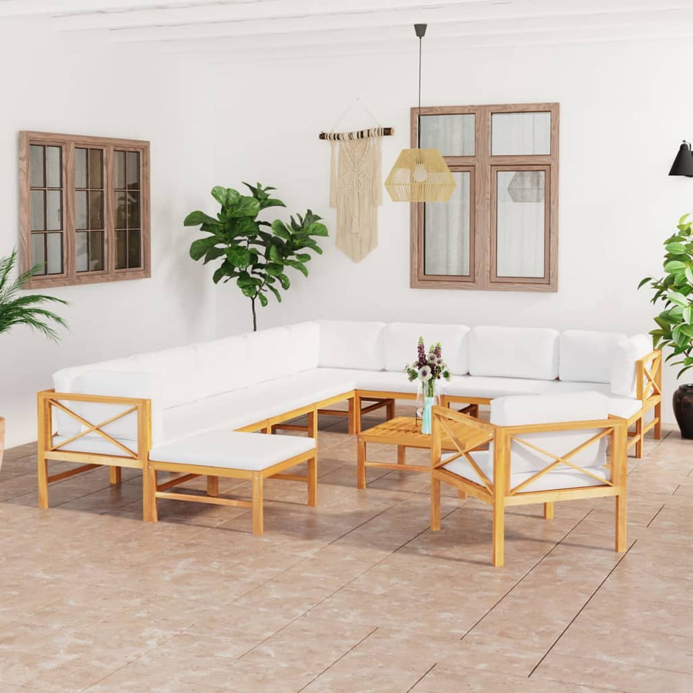 vidaXL Salon de jardin 12 pcs avec coussins crème Bois de teck massif