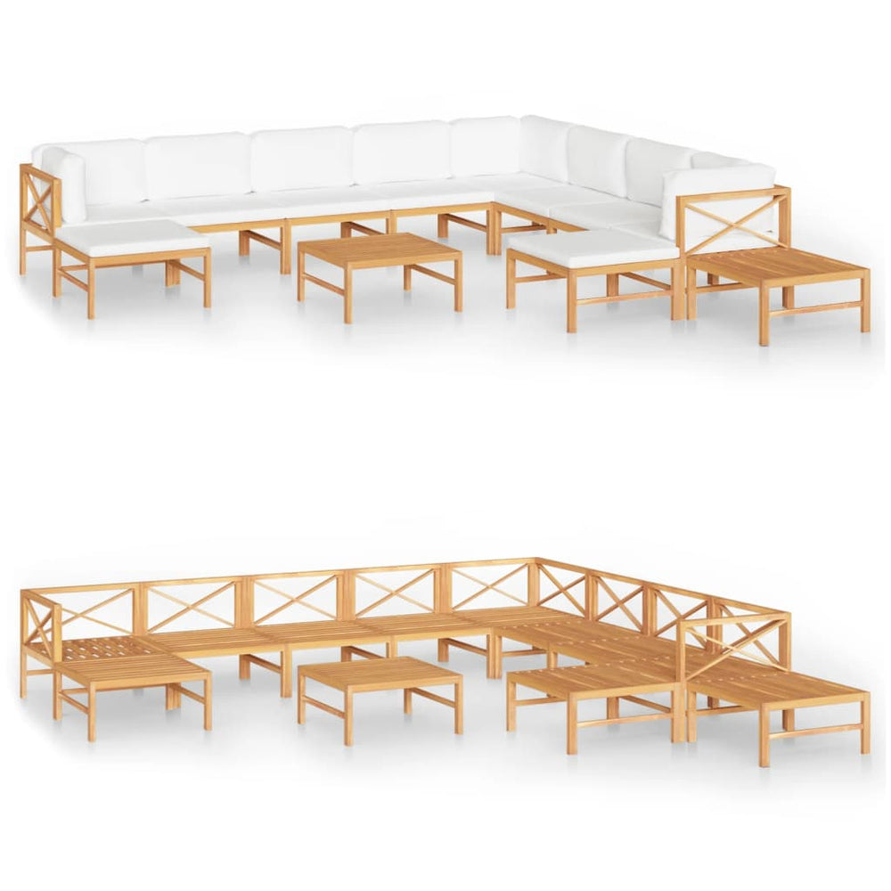 vidaXL Salon de jardin 12 pcs avec coussins crème Bois de teck massif