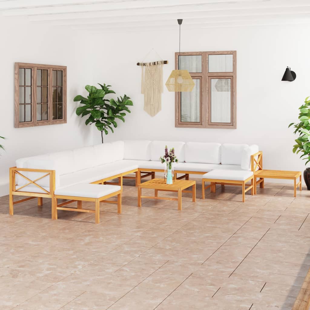 12-tlg. Garten-Lounge-Set mit Creme Kissen Massivholz Teak