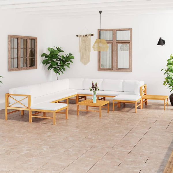 12-tlg. Garten-Lounge-Set mit Creme Kissen Massivholz Teak