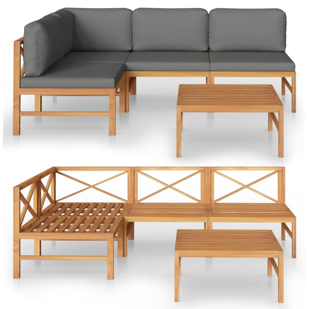 5-tlg. Garten-Lounge-Set mit Grauen Kissen Massivholz Teak