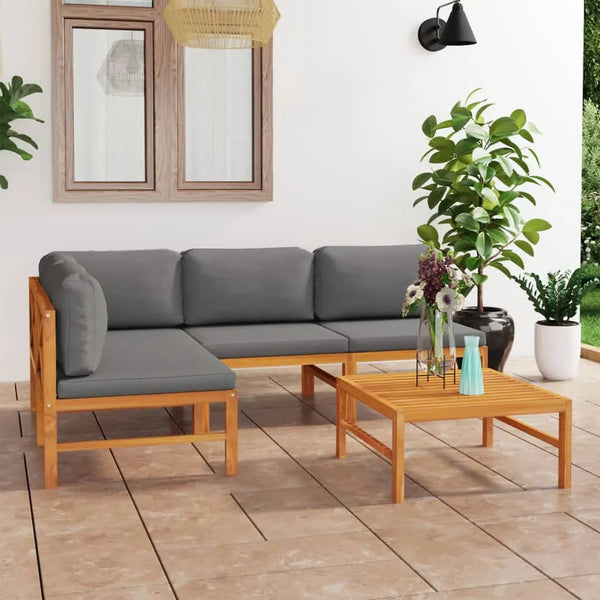 vidaXL Salon de jardin 5 pièces avec coussins gris en teck massif