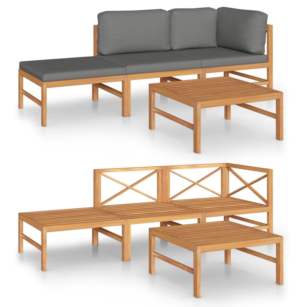4-tlg. Garten-Lounge-Set mit Grauen Kissen Massivholz Teak