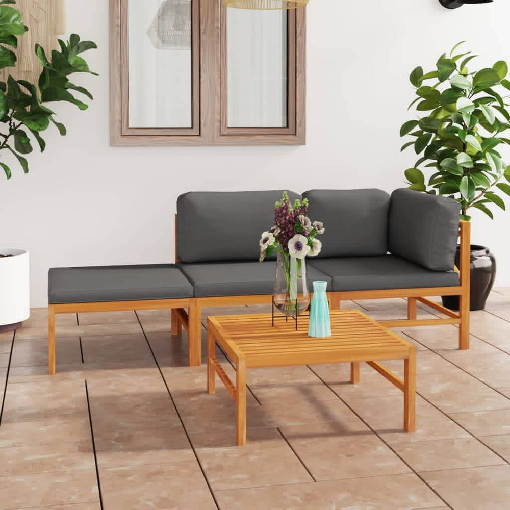 4-tlg. Garten-Lounge-Set mit Grauen Kissen Massivholz Teak