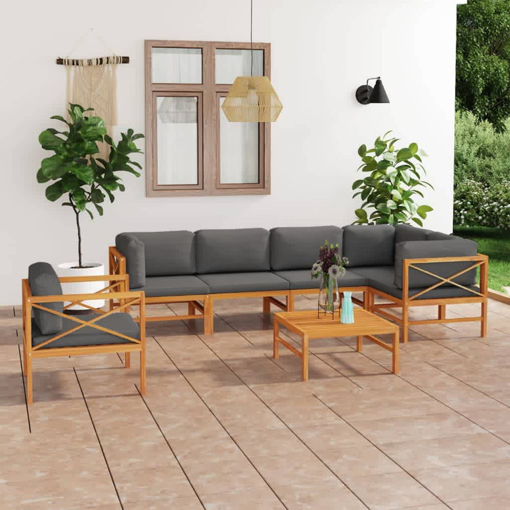 7-tlg. Garten-Lounge-Set mit Grauen Kissen Massivholz Teak