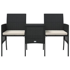 Gartensofa 2-Sitzer mit Tisch und Hockern Schwarz Poly Rattan