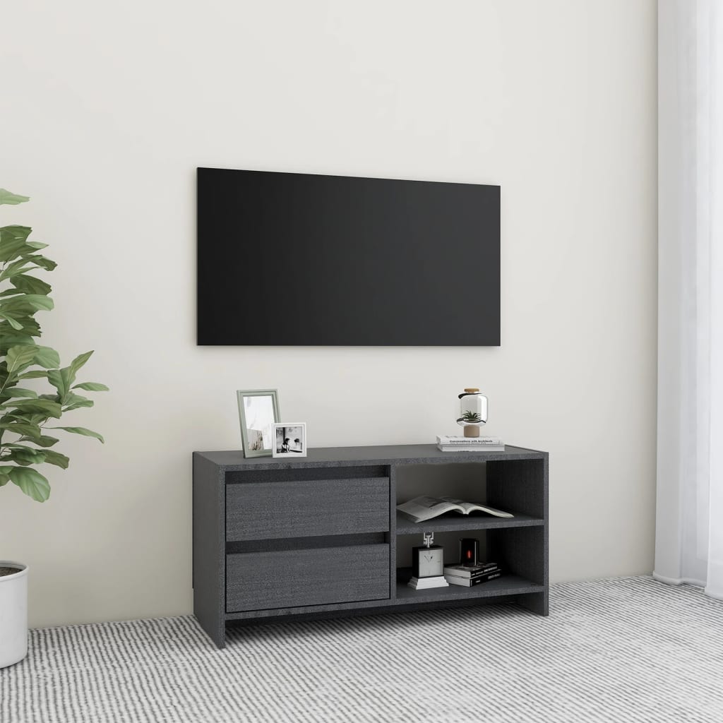 Grauer TV-Schrank Kiefer Massivholz 80 cm