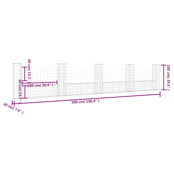 Gabionenkorb U-Form mit 5 Säulen Eisen 500x20x100 cm