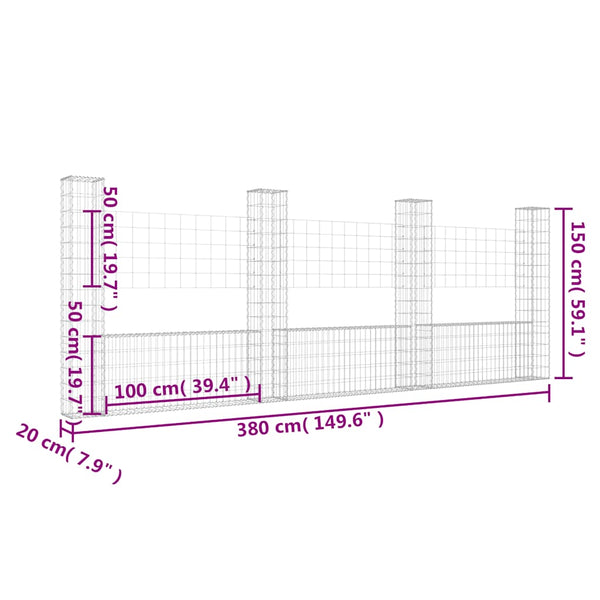 Gabionenkorb U-Form mit 4 Säulen Eisen 380x20x150 cm