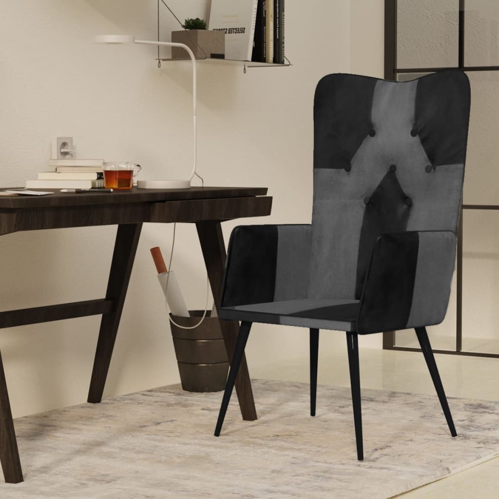vidaXL Fauteuil à oreilles cuir véritable noir et gris