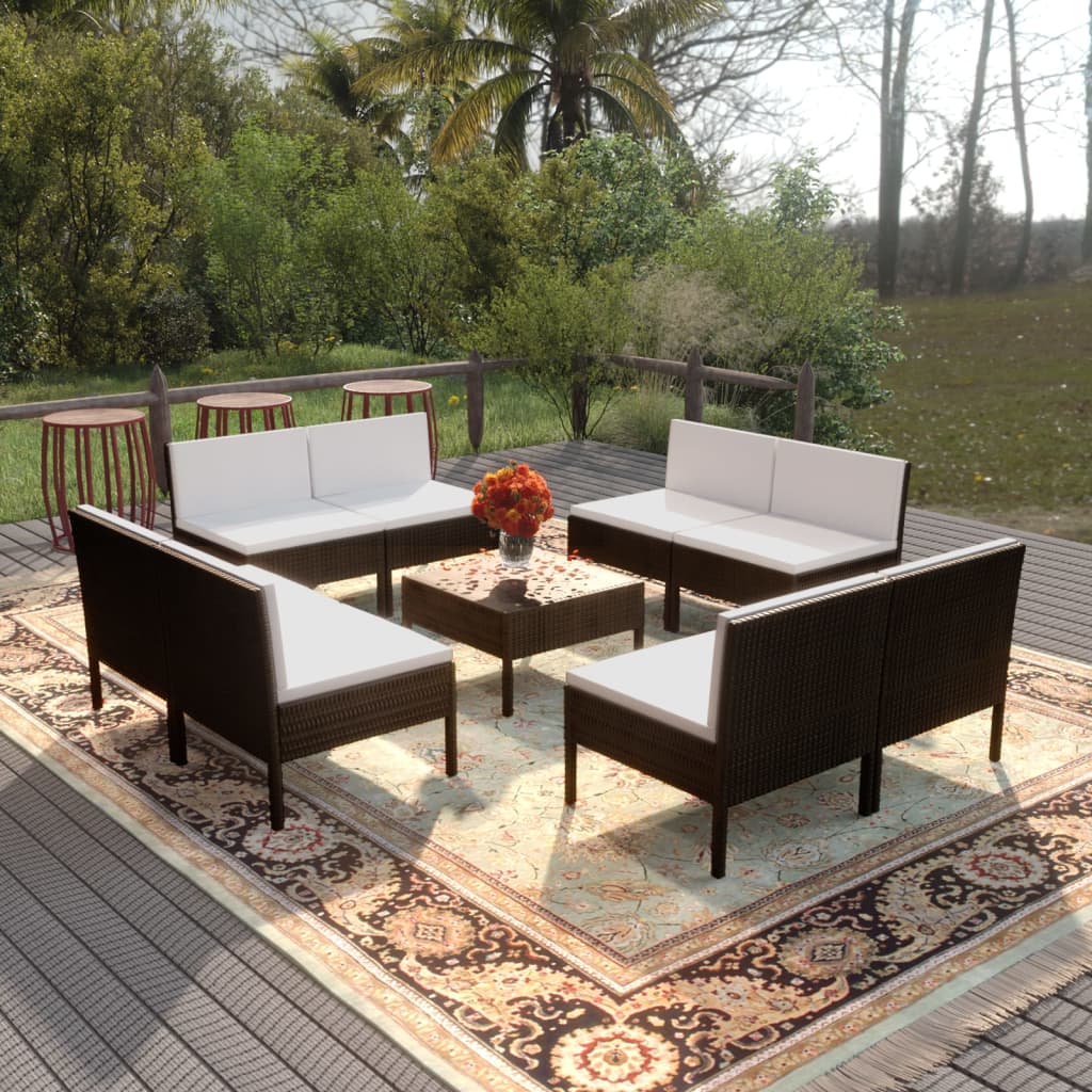9-tlg. Garten-Lounge-Set mit Auflagen Poly Rattan Schwarz