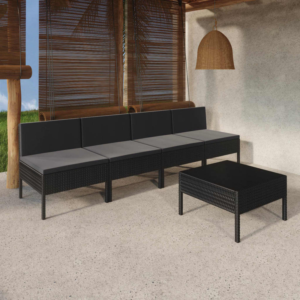 5-tlg. Garten-Lounge-Set mit Auflagen Poly Rattan Schwarz