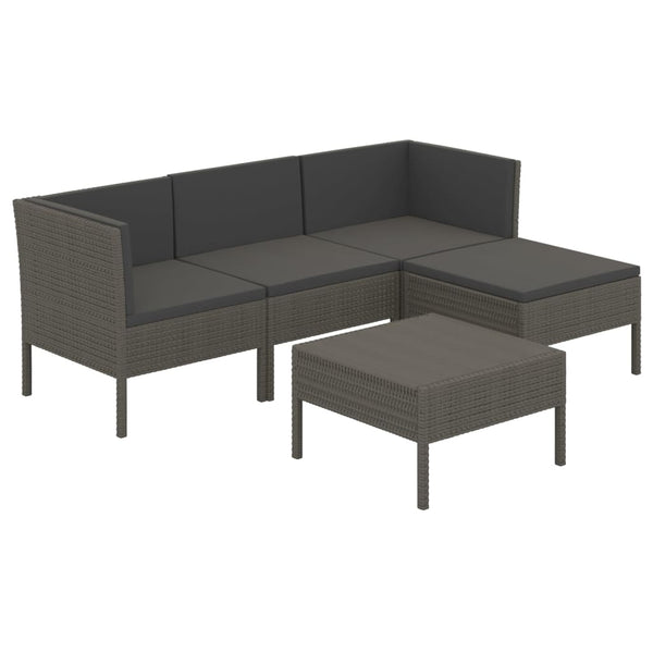 5-tlg. Garten-Lounge-Set mit Auflagen Poly Rattan Grau