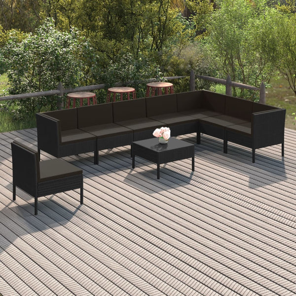 9-tlg. Garten-Lounge-Set mit Auflagen Poly Rattan Schwarz