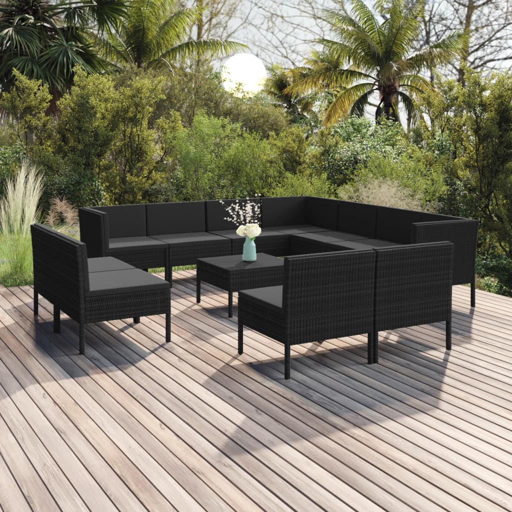 12-tlg. Garten-Lounge-Set mit Auflagen Poly Rattan Schwarz